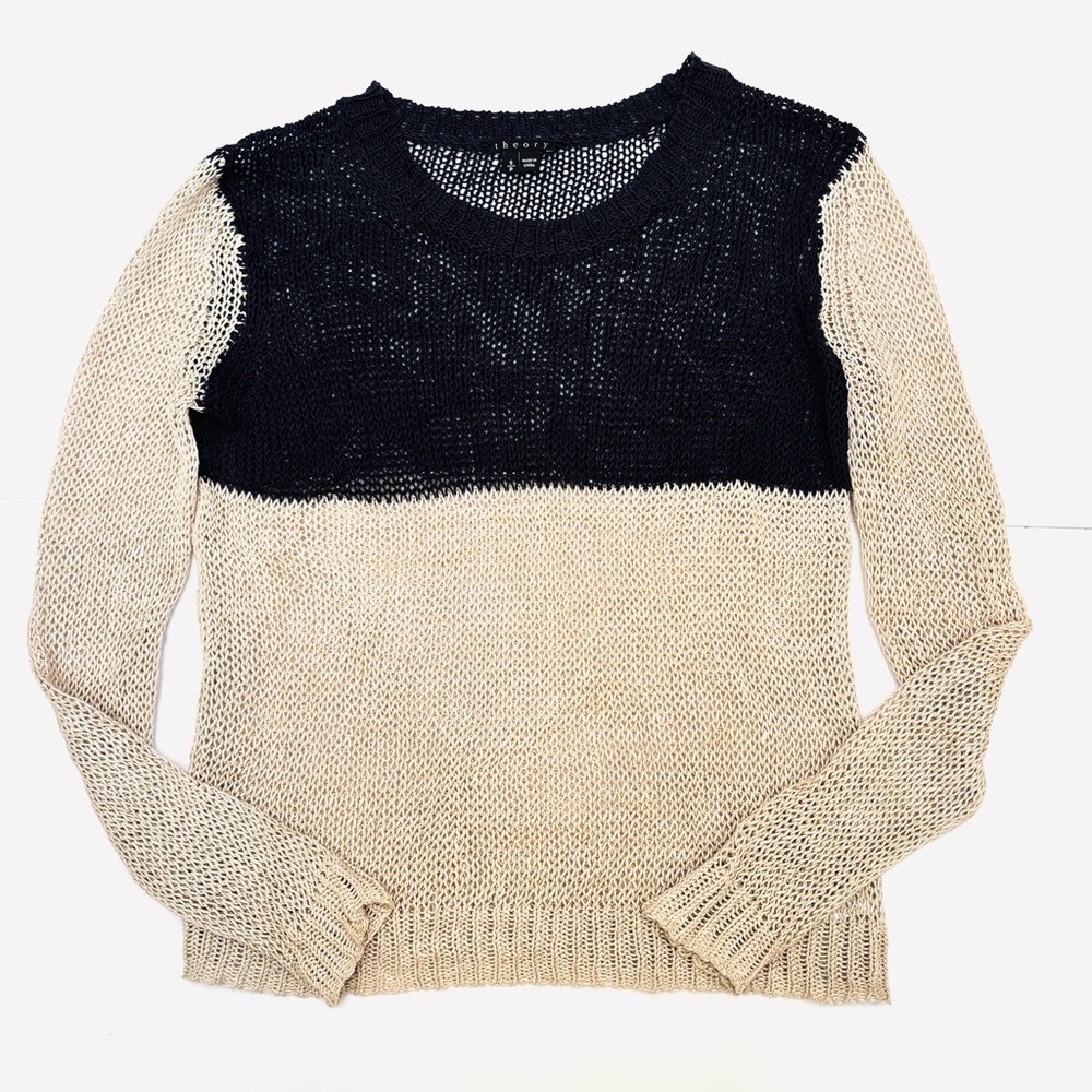 Theory Adoncia Dedalo Linen Open Knit Colorblock Sweater Navy Beige Size Small - Picture 6 of 10